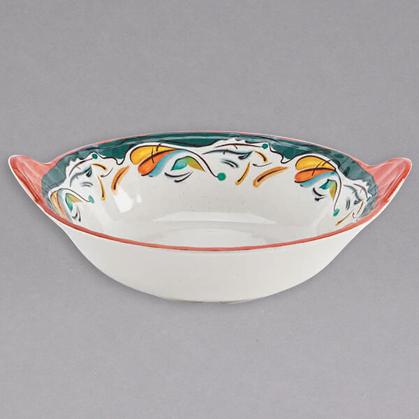 A white GET Bella Fresco melamine bowl with a green and blue design.