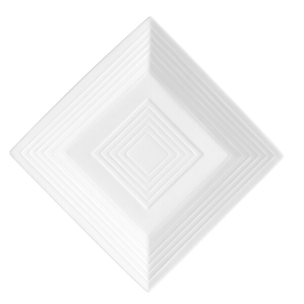 A CAC Tango bone white square porcelain plate with lines forming a diamond pattern.