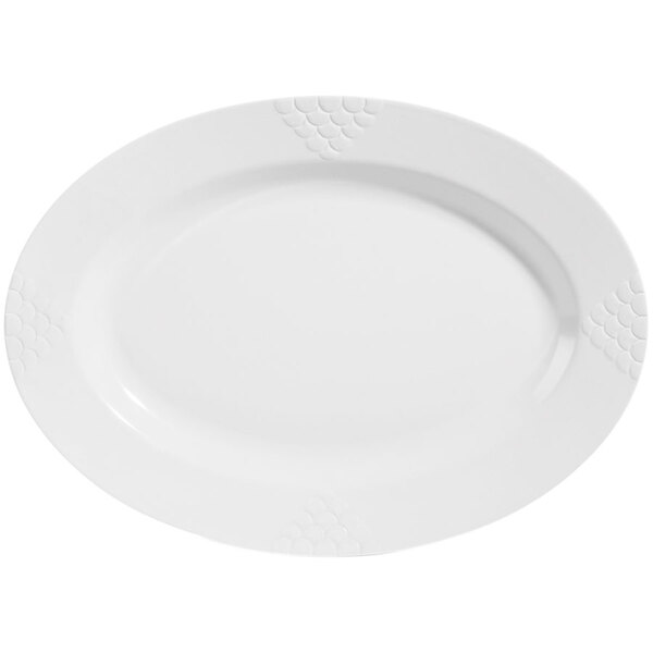 A white oval platter with a white circle design.
