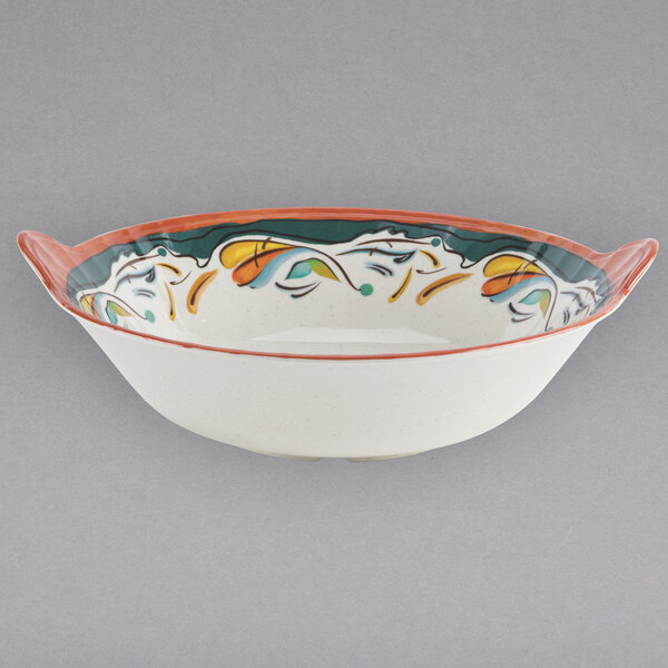 A white GET Bella Fresco melamine bowl with a colorful design.