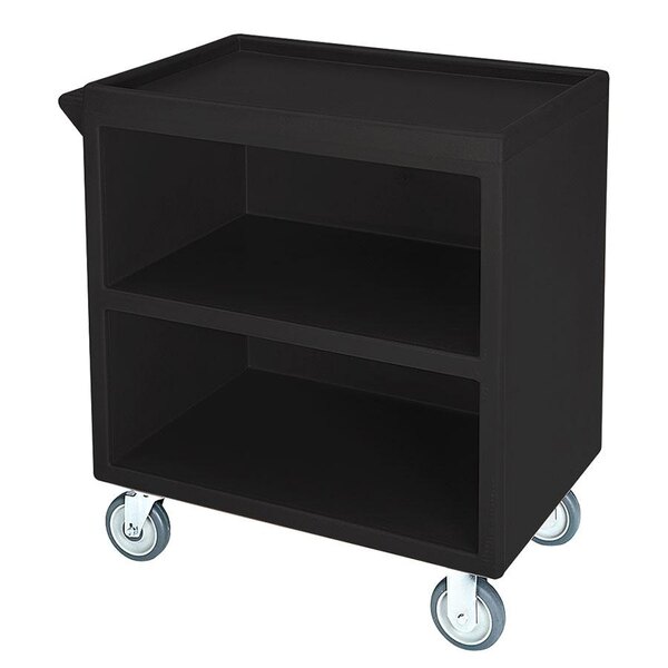 A black Cambro three shelf service cart on wheels.