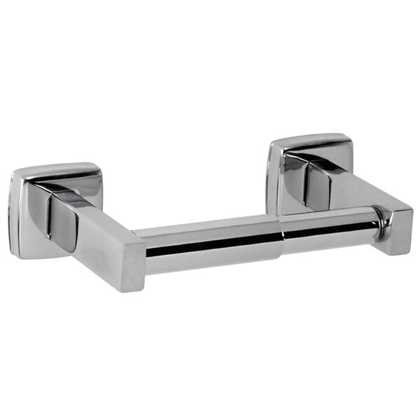 A Bobrick bright polished surface-mounted toilet paper holder.