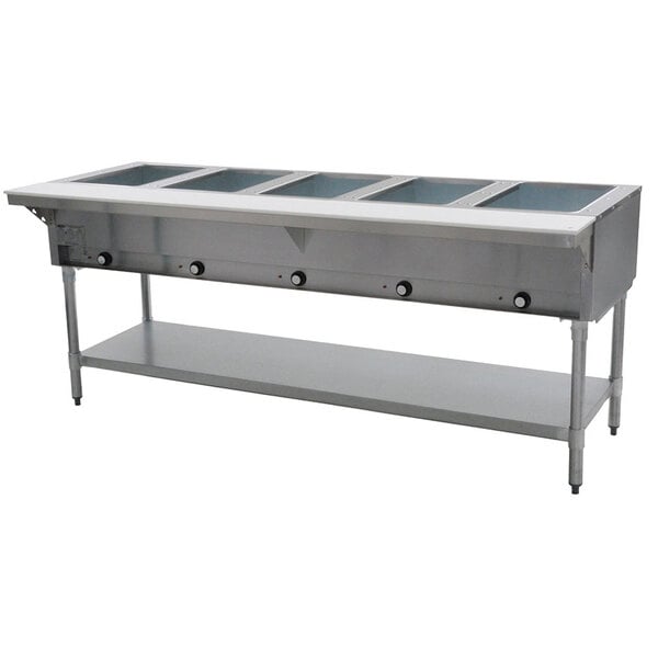 A large stainless steel Eagle Group DHT5 hot food table with five pans.
