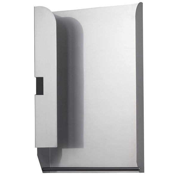 A white rectangular Bobrick paper towel dispenser with a black stripe and a handle.