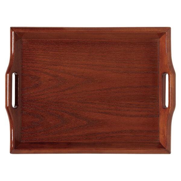 A mahogany hardwood room service tray with handles.