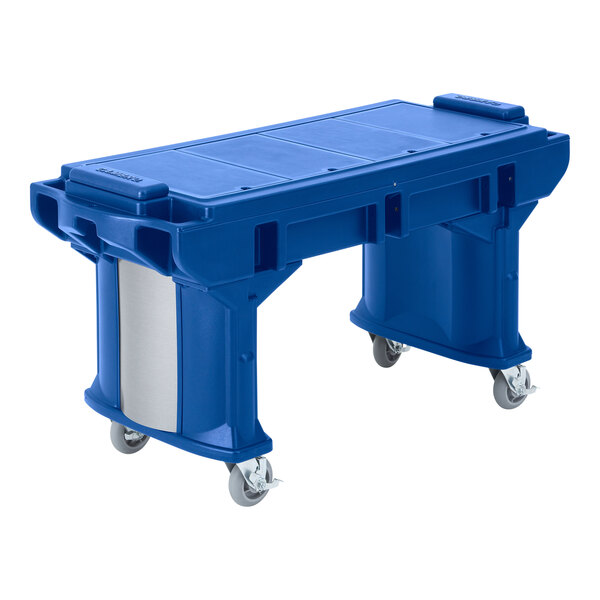 A blue plastic Cambro Versa work table with wheels.