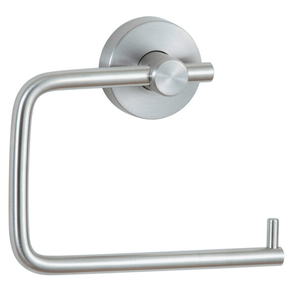 A silver metal Bobrick surface-mounted toilet paper holder.