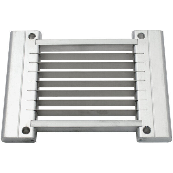 A stainless steel metal grid with four bars.