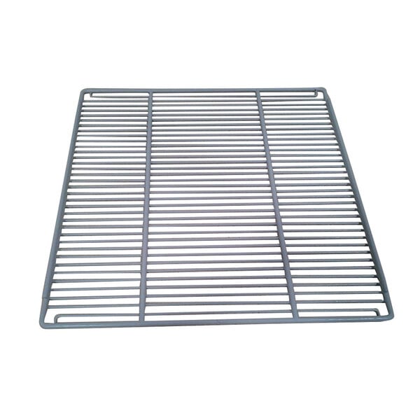 A gray coated wire shelf with a metal grid pattern.