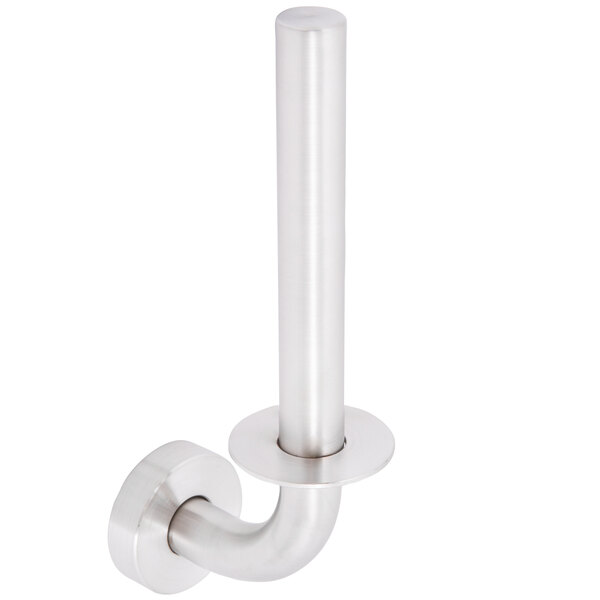 A stainless steel Bobrick spare toilet roll holder with a satin finish on a white background.
