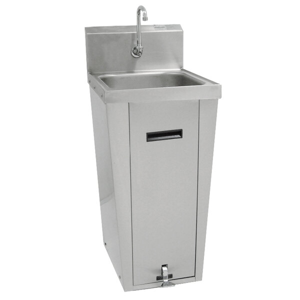 An Advance Tabco stainless steel hand sink with a pedestal base and faucet.