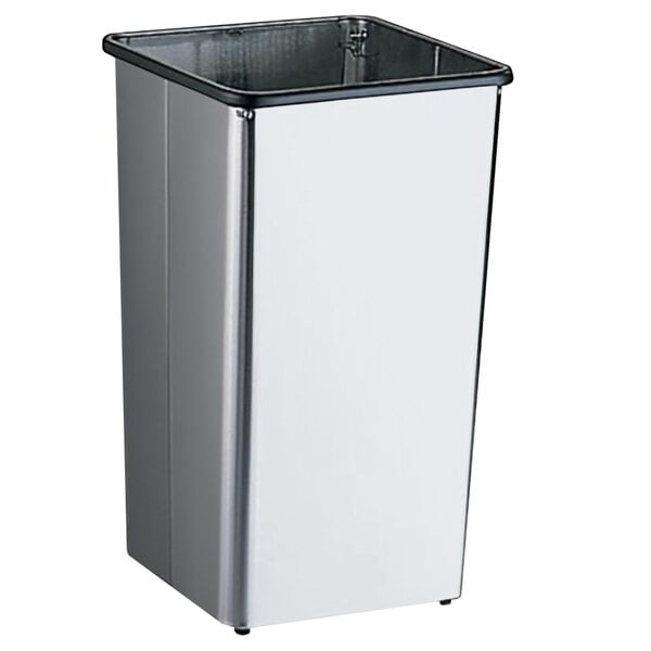 A silver rectangular Bobrick waste receptacle with a black lid.