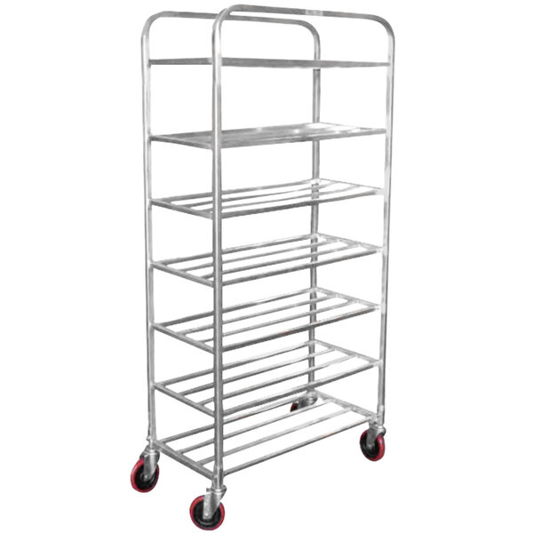 A silver metal Winholt double capacity cart with seven shelves and wheels.