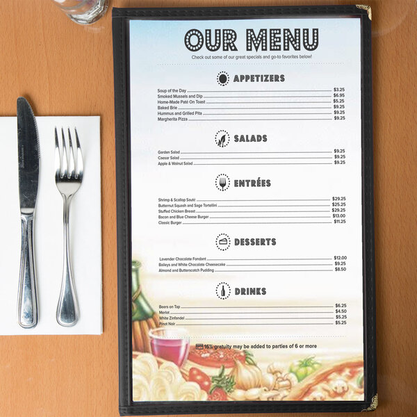 An Italian themed menu with a fork and knife on a table.