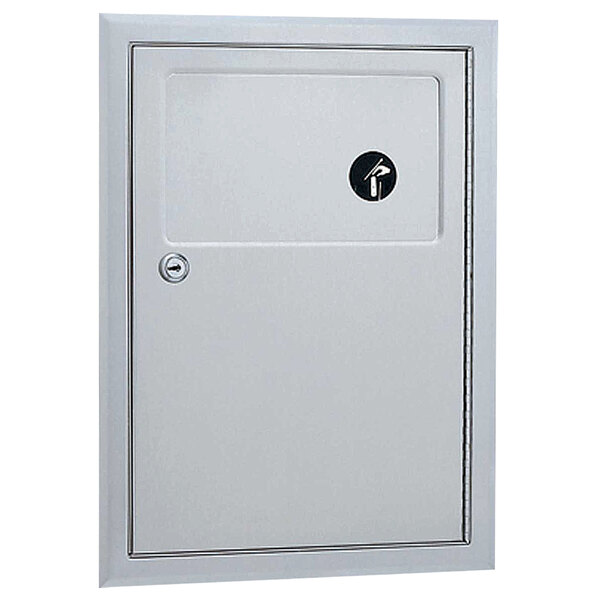 A white rectangular metal Bobrick sanitary napkin disposal receptacle with a keyhole.