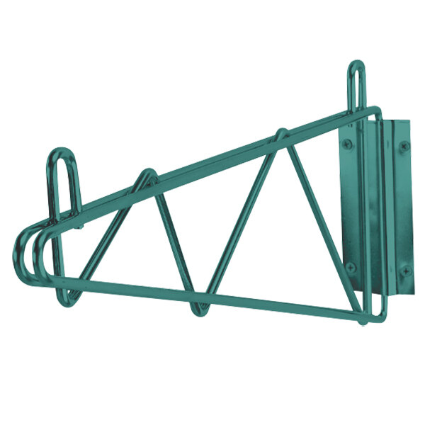 A green metal wall mounting bracket with two clips.