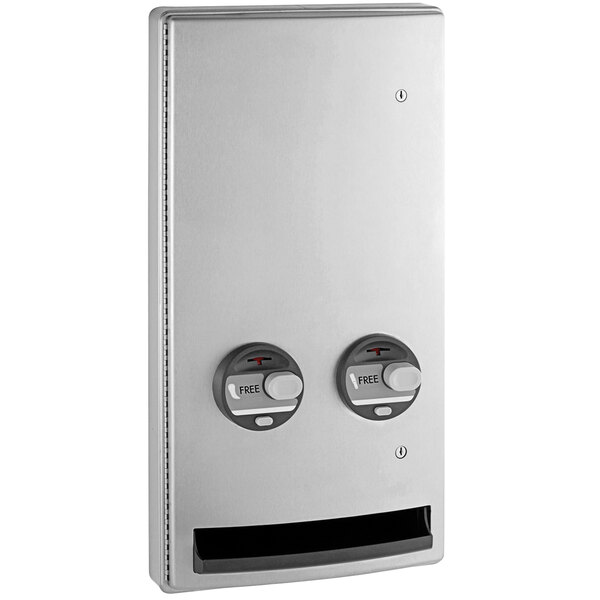A stainless steel Bobrick wall mounted napkin/tampon vendor with two buttons.