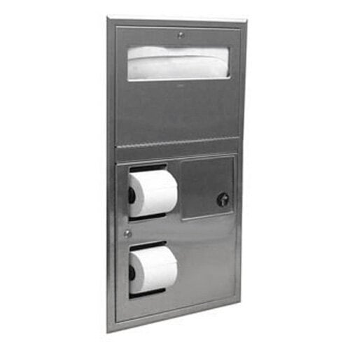A silver stainless steel Bobrick toilet paper dispenser with a roll of toilet paper inside.