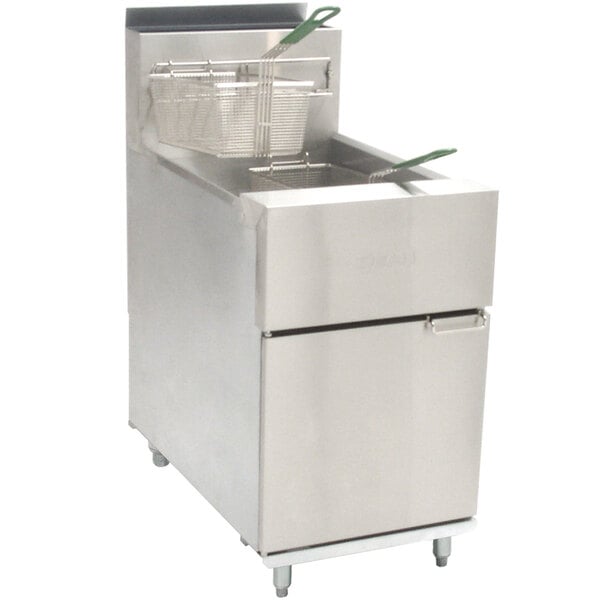 A Dean stainless steel floor gas fryer with a basket.