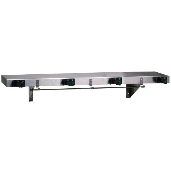 A silver stainless steel shelf with four black hooks on it.