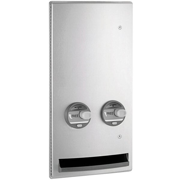 A stainless steel Bobrick recessed napkin/tampon vendor with two buttons.