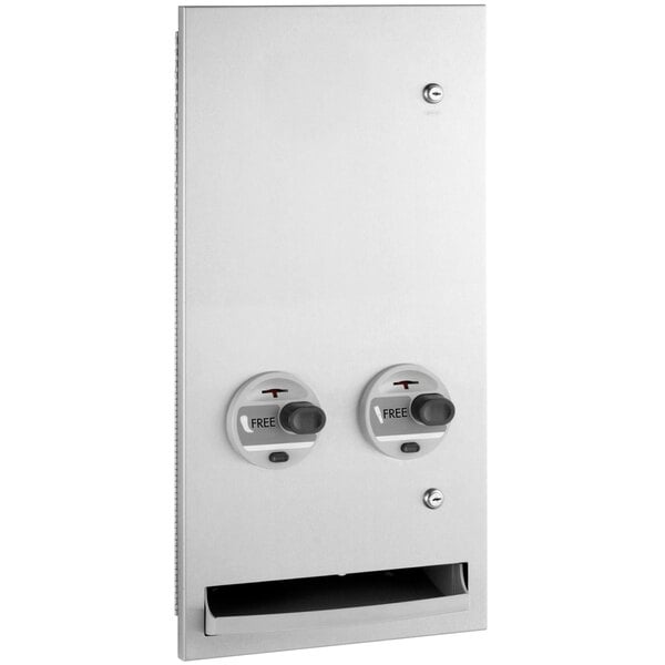 A stainless steel rectangular Bobrick napkin/tampon vendor panel with black buttons.