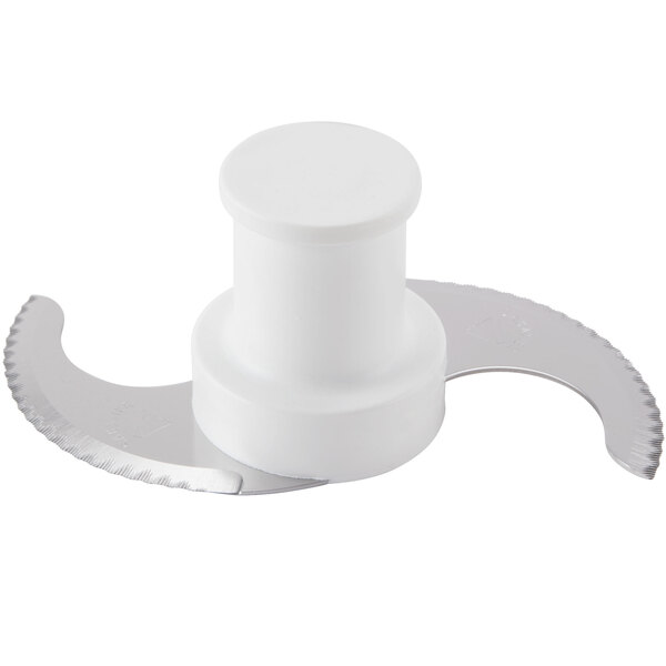 A white plastic object with a Robot Coupe serrated blade.