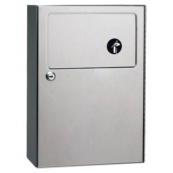 A stainless steel Bobrick surface mount sanitary napkin disposal receptacle with a black button.