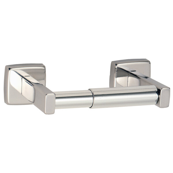 A silver metal Bobrick surface-mounted toilet paper holder with a square shape.