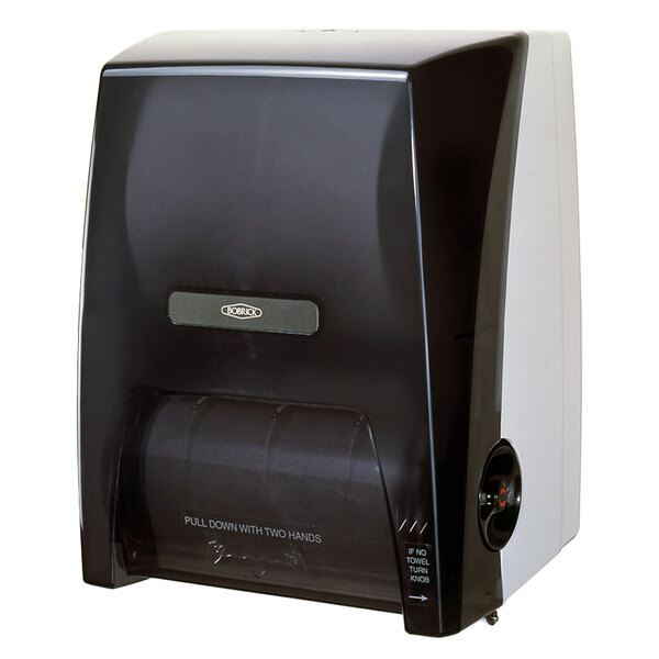 A black and white Bobrick surface mounted paper towel dispenser for 8" diameter rolls.