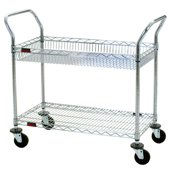 A silver metal Eagle Group utility cart with black wheels and a top basket.