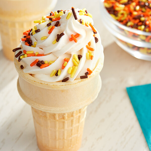 An ice cream cone with Autumn Sprinkles.