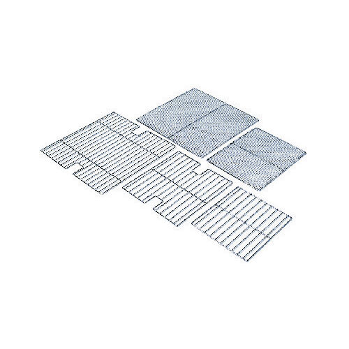 A set of four metal square grid pieces on a white background.