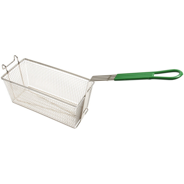 A Frymaster twin size fryer basket with green handles.