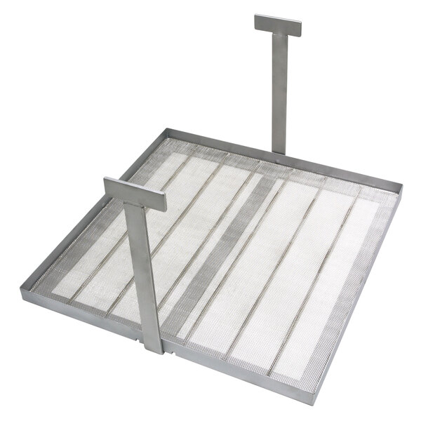 A grey metal rectangular sediment tray with a handle.