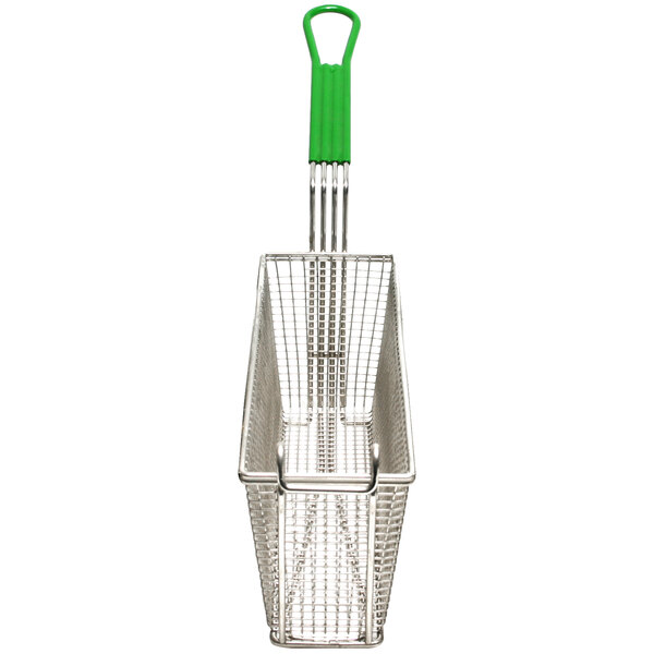 A metal Frymaster fryer basket with a green handle.