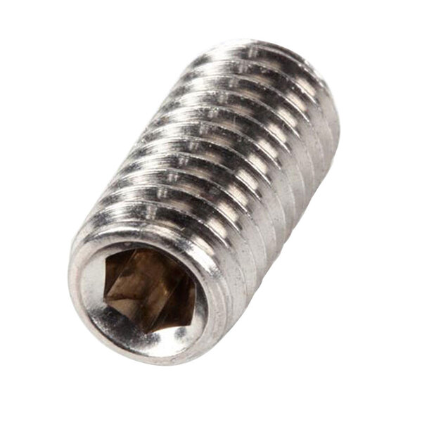 A close-up of a Waring stainless steel screw with a nut on it.