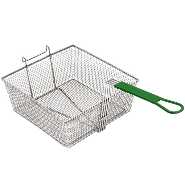 A wire fryer basket with a green handle.