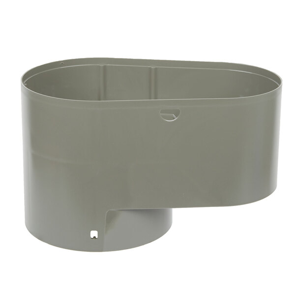 A grey plastic bowl with a handle and holes.