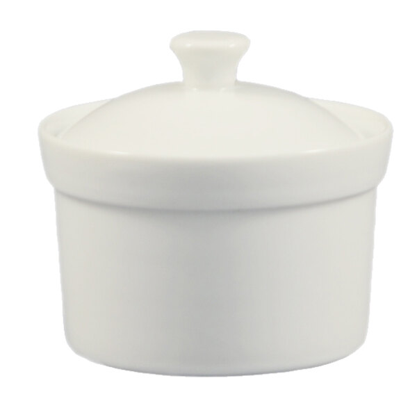 A CAC Super White ceramic soup bowl with a lid.