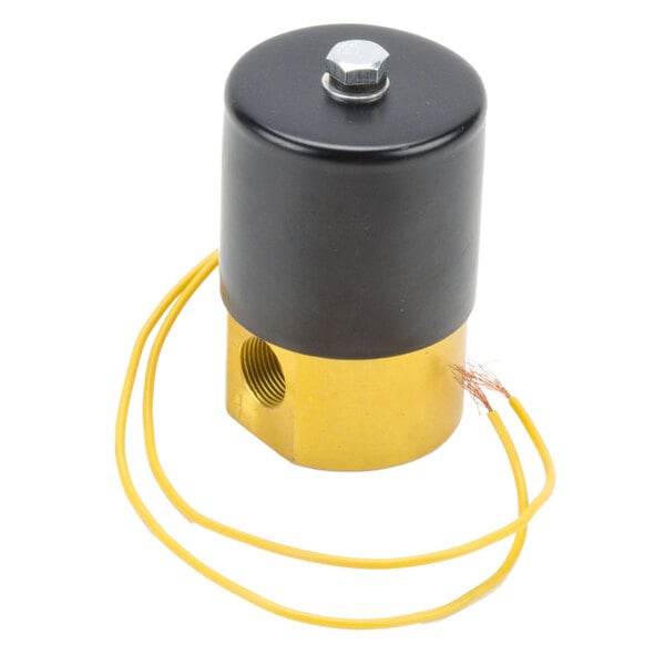 A black and yellow ARY VacMaster solenoid valve with a yellow wire.