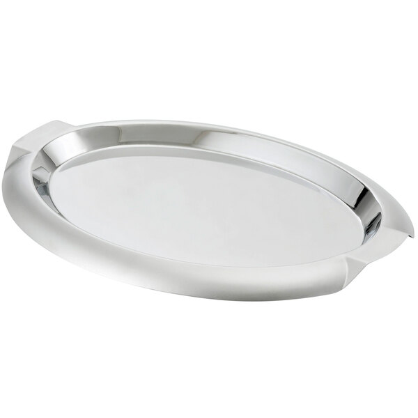 A white oval stainless steel serving tray with handles.