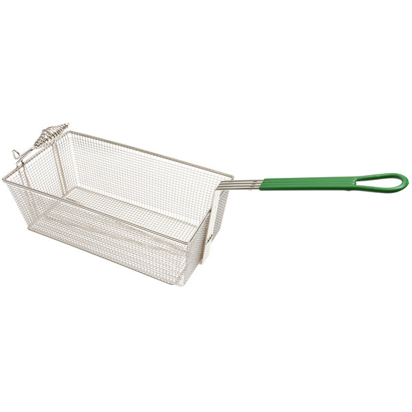 A Frymaster twin size fryer basket with a green handle.