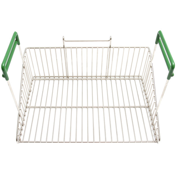 A wire basket with green handles.