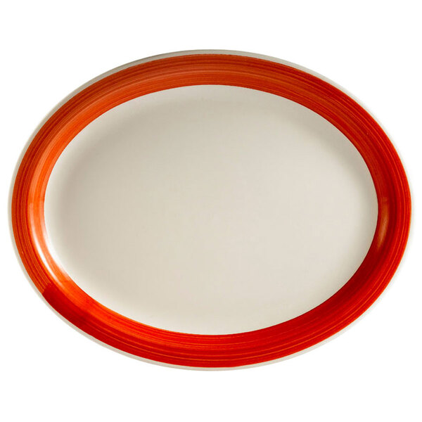 A red and white CAC Rainbow platter with a rolled edge.