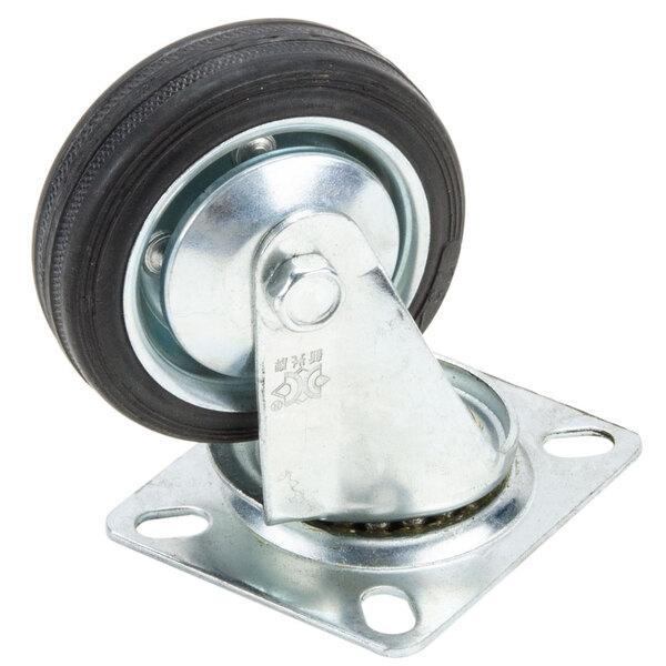 A black swivel plate caster with a metal plate and rubber wheel.
