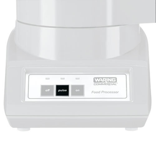 A close-up of a Waring food processor with a white base and black and white Tap Touch buttons.