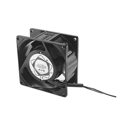 A black Waring axial fan with wires attached.