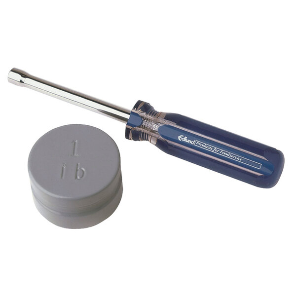 A blue screwdriver with a metal cap and a grey cap.