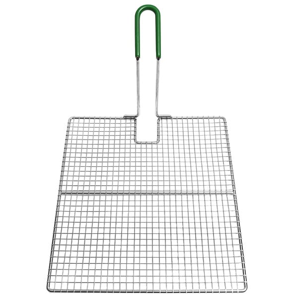 A Frymaster wire mesh fryer screen with a green handle.